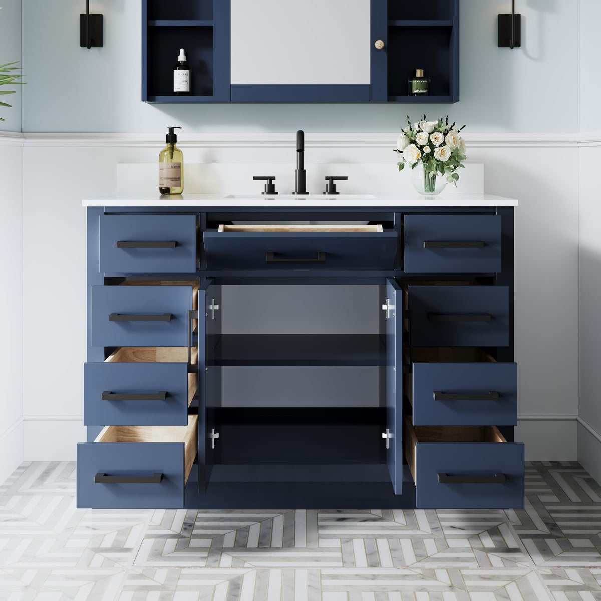 WELLFOR 36-Inch Bathroom Vanity with Sink W/ 2 Doors & 4 Drawers & 1 Flip Drawer,Navy Blue Vanity W/Matte Black Handles