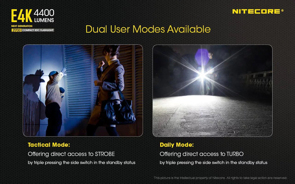 Combo: NITECORE E4K Next generation Flashlight - 4400 Lumens w/Tini Brass Keychain Light -380 Lumens