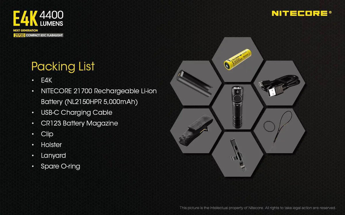 Combo: NITECORE E4K Next generation Flashlight - 4400 Lumens w/Tini Brass Keychain Light -380 Lumens