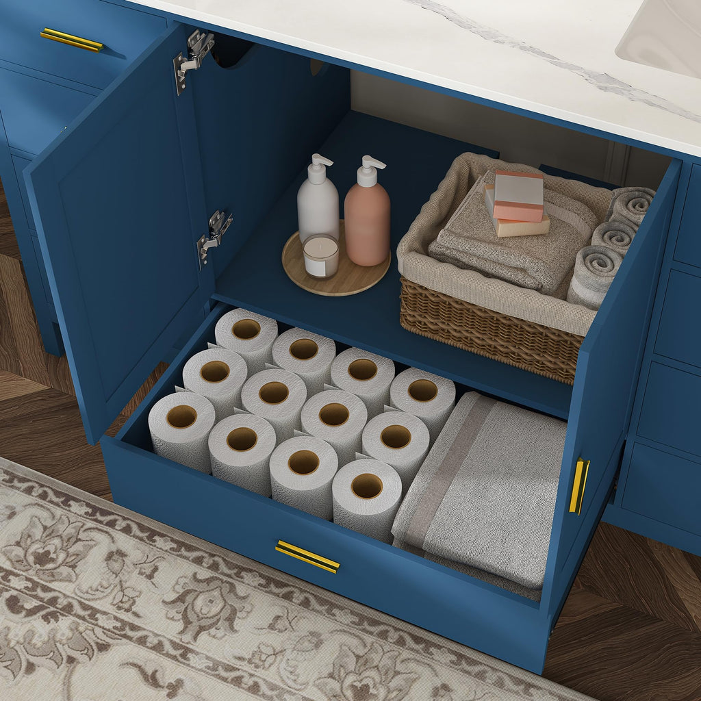 60" Bathroom Vanity Single Sink with 3 Hole, Sink Bathroom Vanity with Solid Wood Frame Storage,Soft Close Double Doors & 9 Sliding Drawers, with Gold Accents