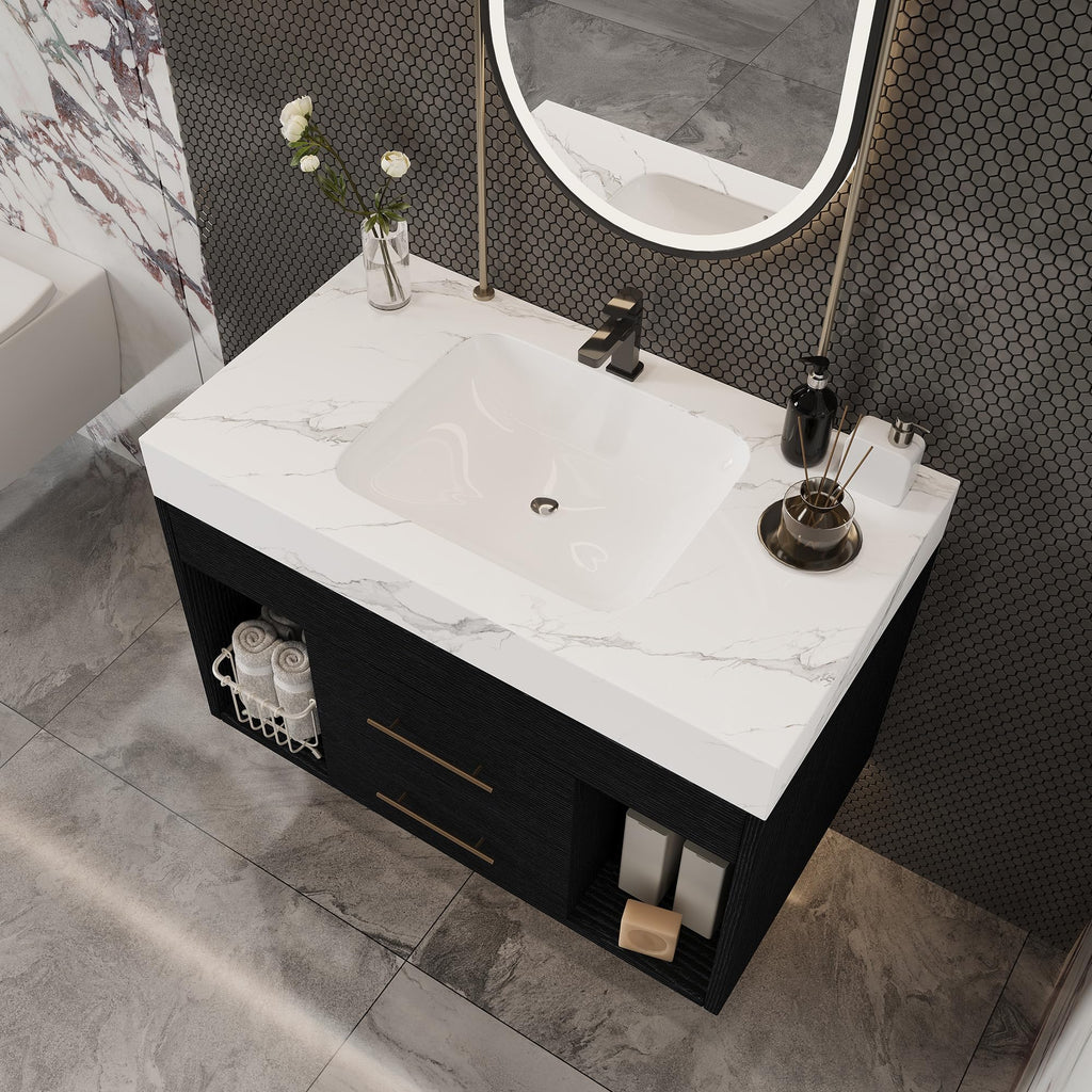 Glintee 40" Floating Bathroom Vanity & Sintered Stone Top, Black