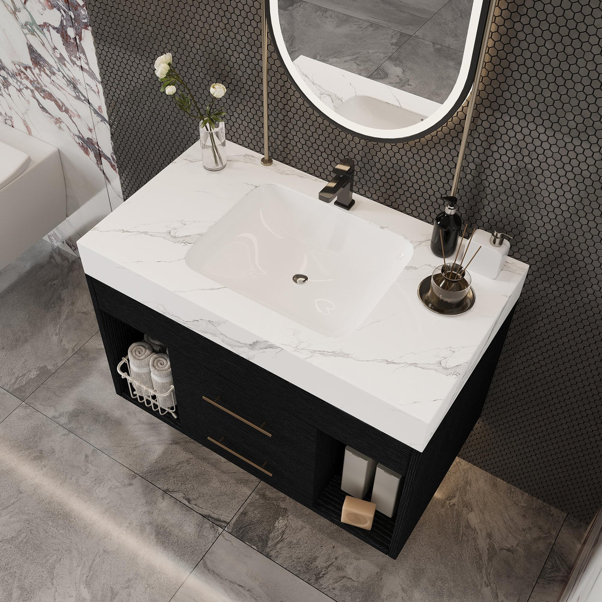 Glintee 40" Floating Bathroom Vanity & Sintered Stone Top, Black