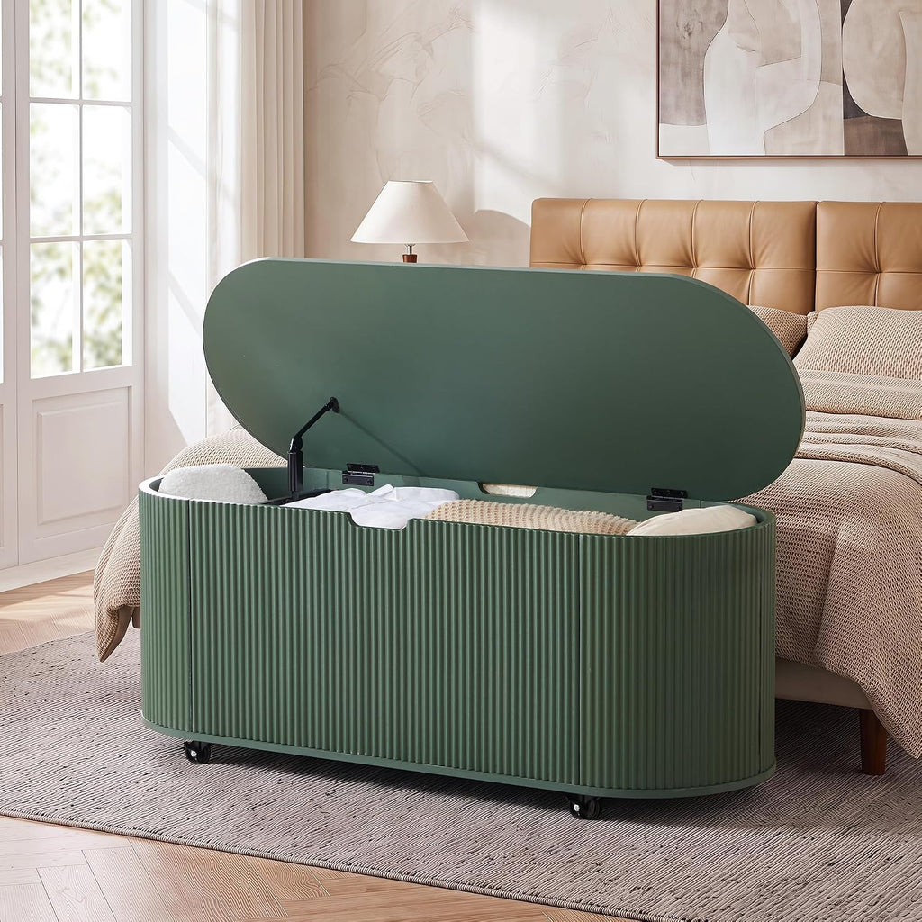 RARZOE 43.3" Fluted Storage Chest, Oval Storage Bench with 4 Wheels,(Green)