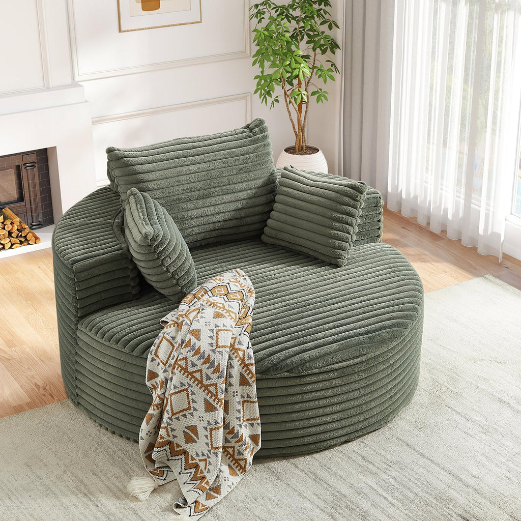 Oversized Round Chaise Longue Chair Indoor, Modern 55-inch Upholstered Corduroy Deep Seat Circle Single Cloud Lounge Floor Sofa Chair for Living Room, Bedroom Apartment, Beige