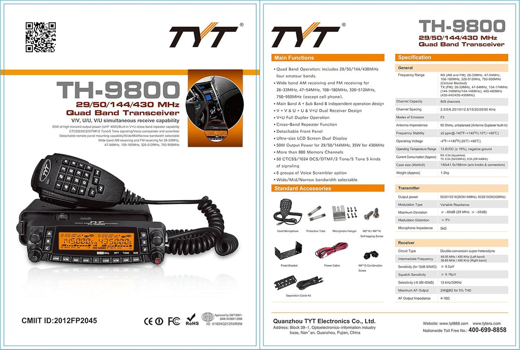 TYT TH-9800 Quad Band Mobile Transceiver 50W Amateur Mobile Car Ham Radio