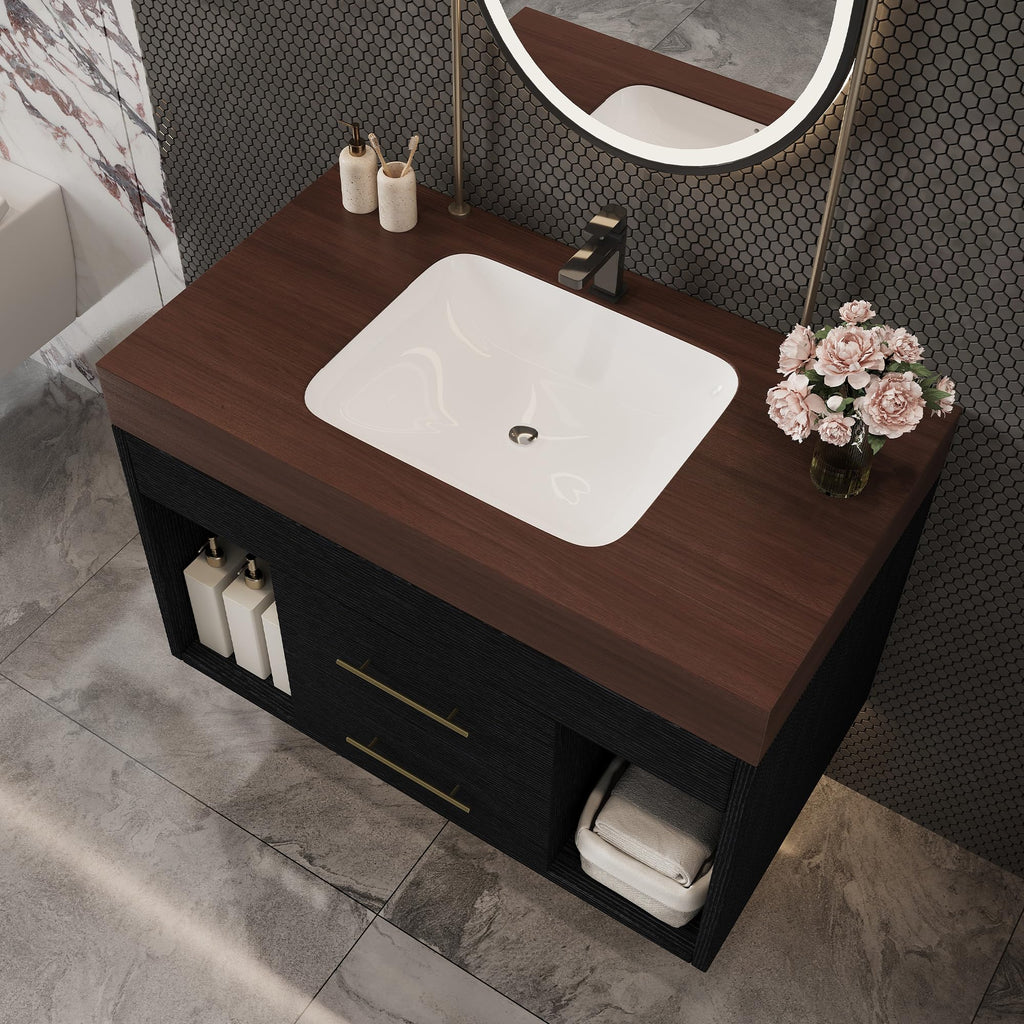 Glintee 40" Floating Bathroom Vanity & Sintered Stone Top, Black