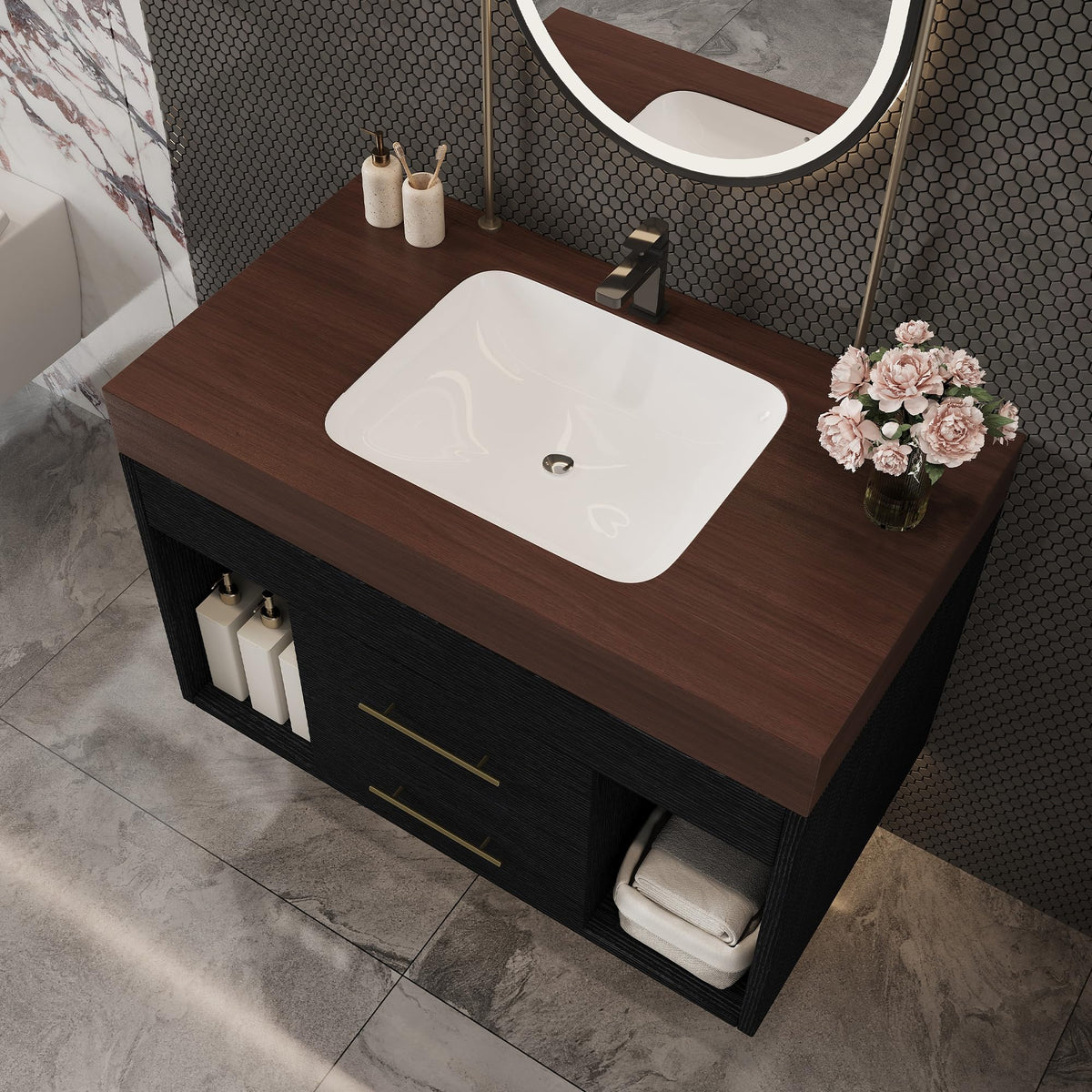 Glintee 40" Floating Bathroom Vanity & Sintered Stone Top, Black