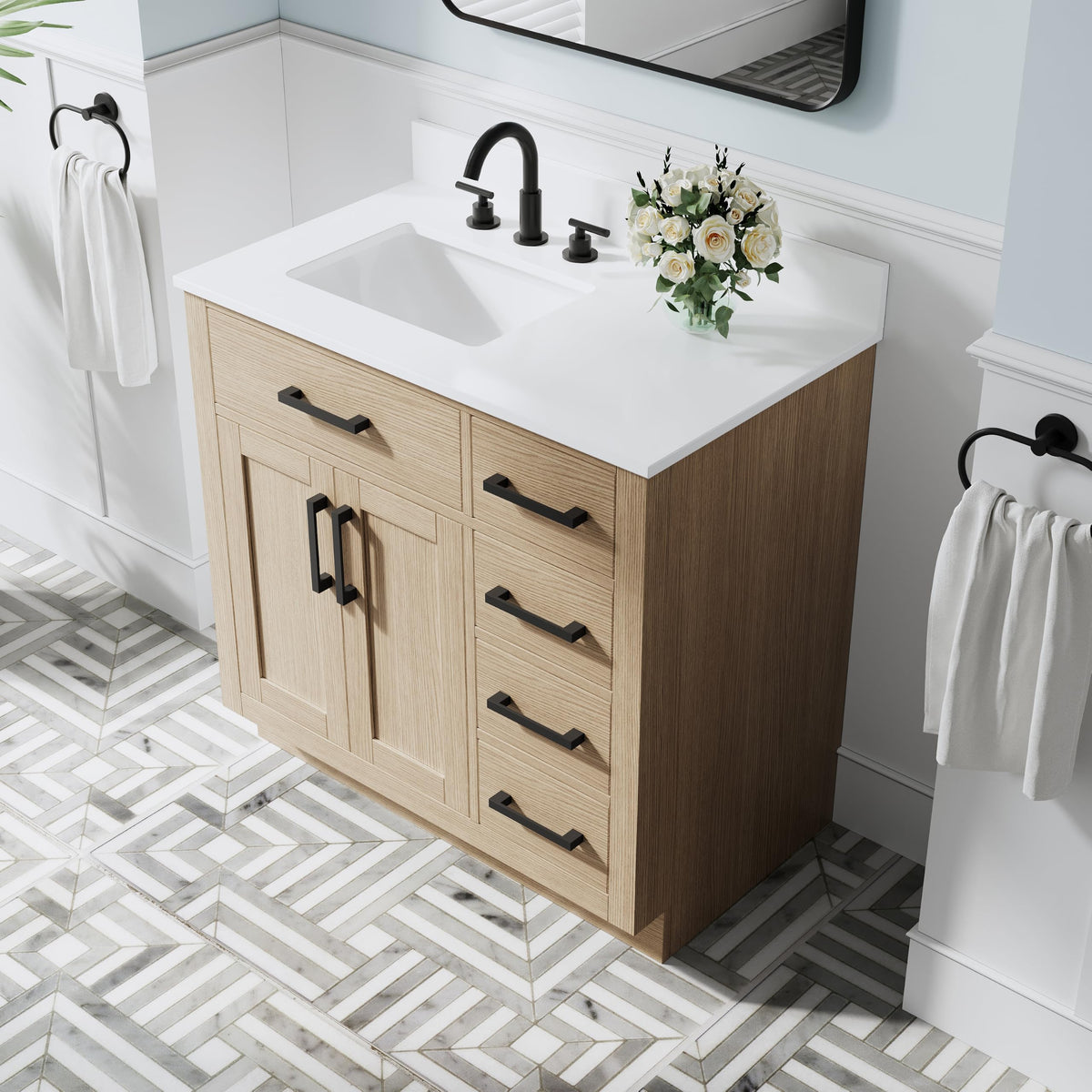 WELLFOR 36-Inch Bathroom Vanity with Sink W/ 2 Doors & 4 Drawers & 1 Flip Drawer,Navy Blue Vanity W/Matte Black Handles