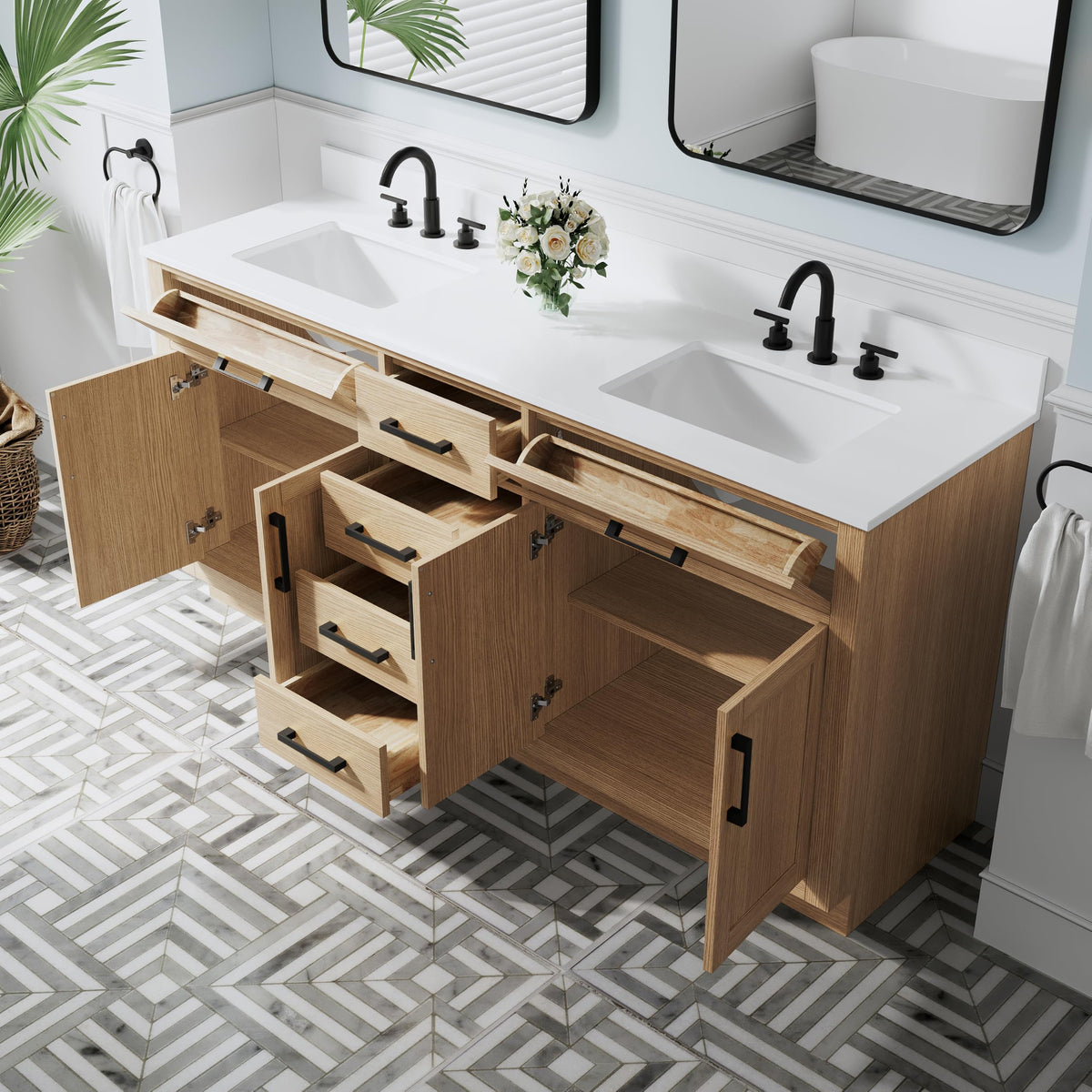 WELLFOR 36-Inch Bathroom Vanity with Sink W/ 2 Doors & 4 Drawers & 1 Flip Drawer,Navy Blue Vanity W/Matte Black Handles