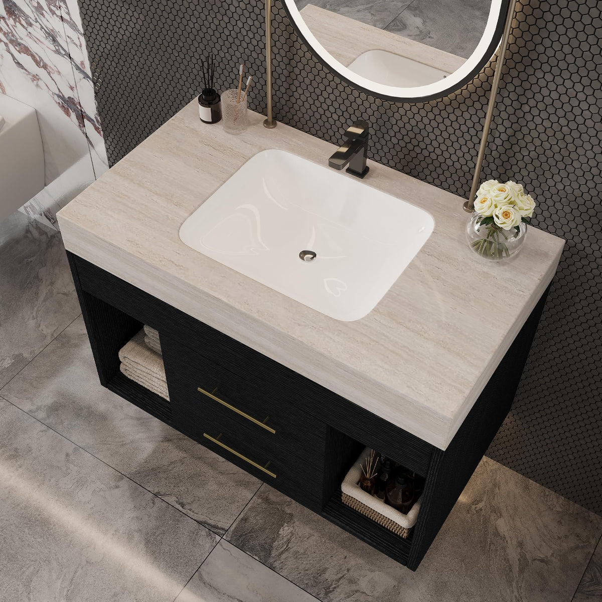 Glintee 40" Floating Bathroom Vanity & Sintered Stone Top, Black