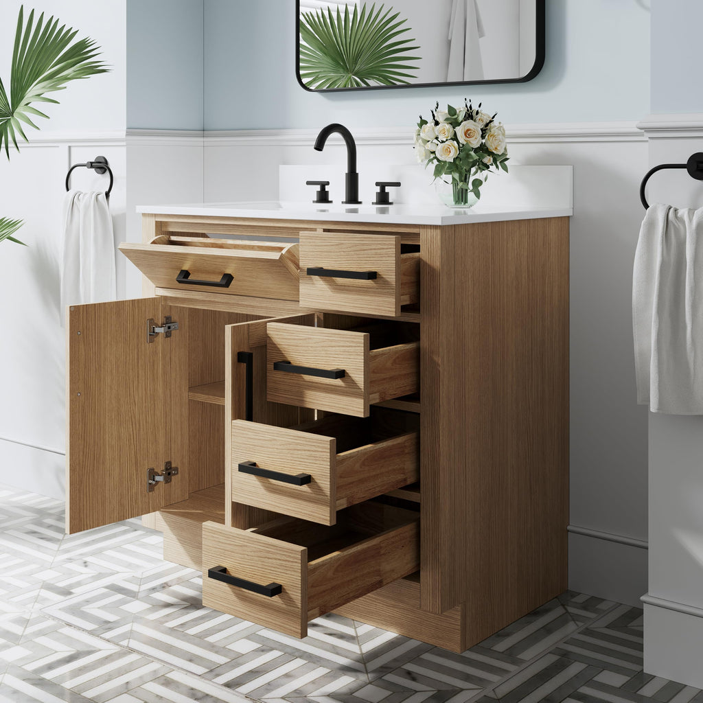 WELLFOR 36-Inch Bathroom Vanity with Sink W/ 2 Doors & 4 Drawers & 1 Flip Drawer,Navy Blue Vanity W/Matte Black Handles