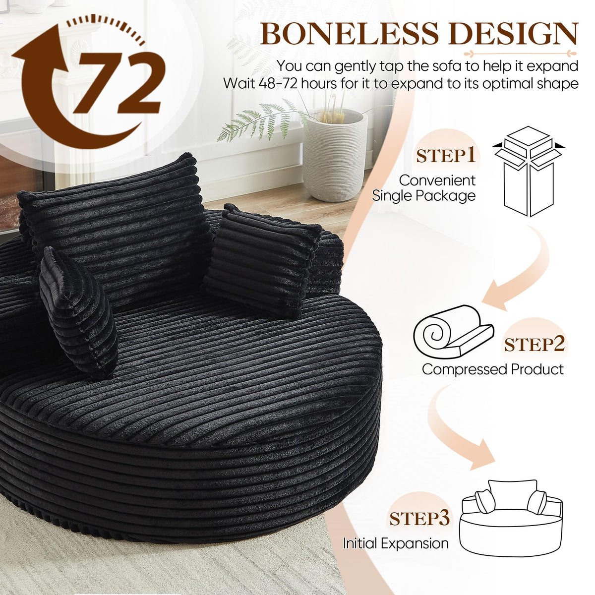Oversized Round Chaise Longue Chair Indoor, Modern 55-inch Upholstered Corduroy Deep Seat Circle Single Cloud Lounge Floor Sofa Chair for Living Room, Bedroom Apartment, Beige