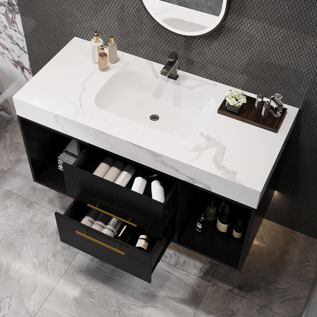Glintee 40" Floating Bathroom Vanity & Sintered Stone Top, Black