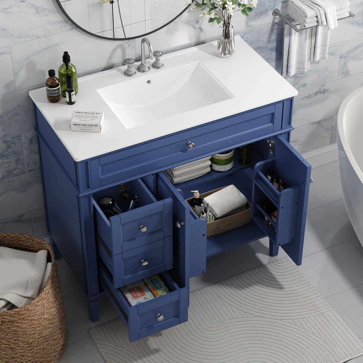 30" Bathroom Vanity with Sink, Solid Wood Frame Modern with Charging Station, Bathroom Single Sink Cabinet with 2 Drawers and 1 Doors, Gold Metal Handles, Black