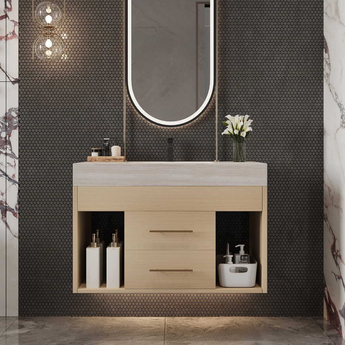 Glintee 40" Floating Bathroom Vanity & Sintered Stone Top, Black