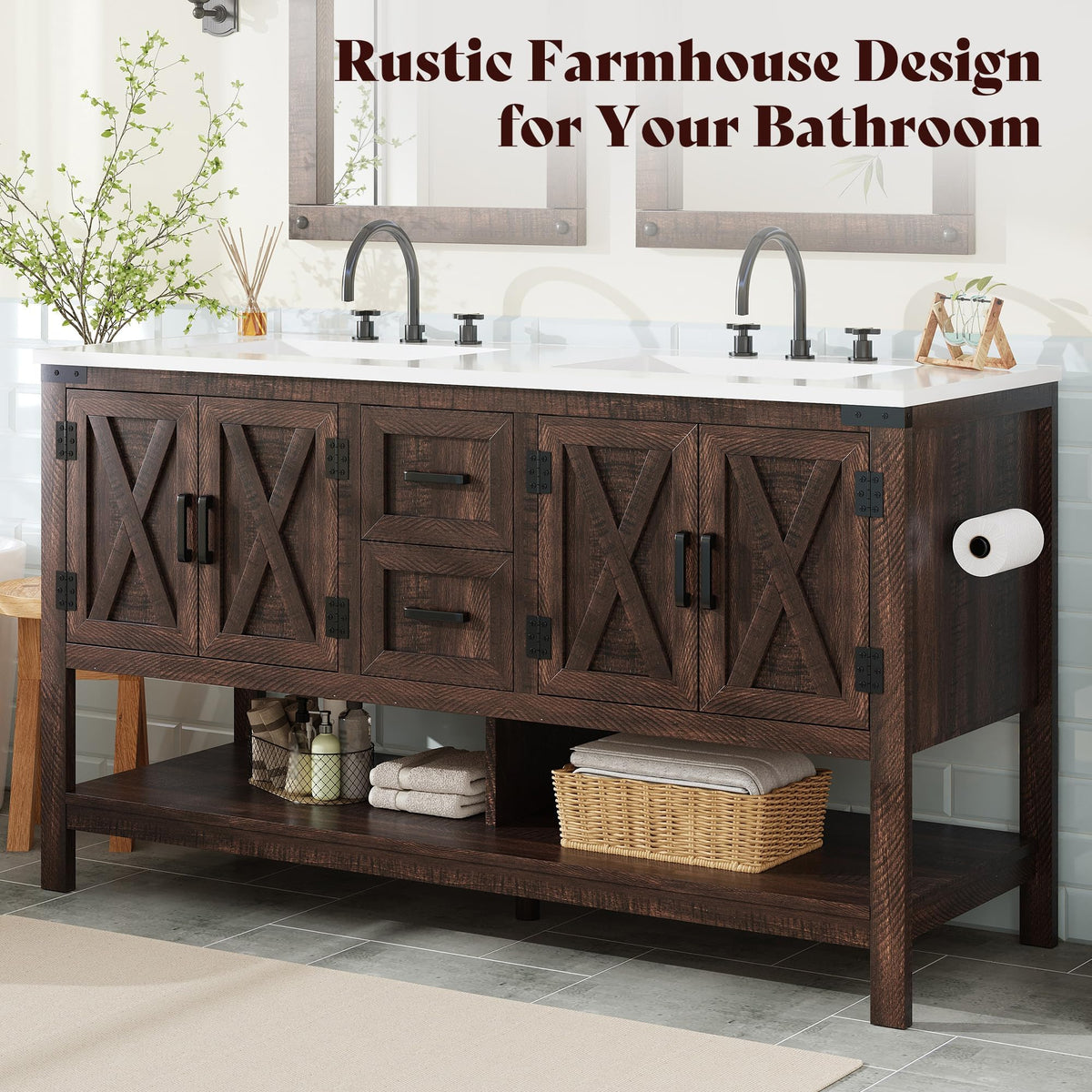 AMERLIFE 48" White Farmhouse Sink Bathroom Vanity, Solid White Top