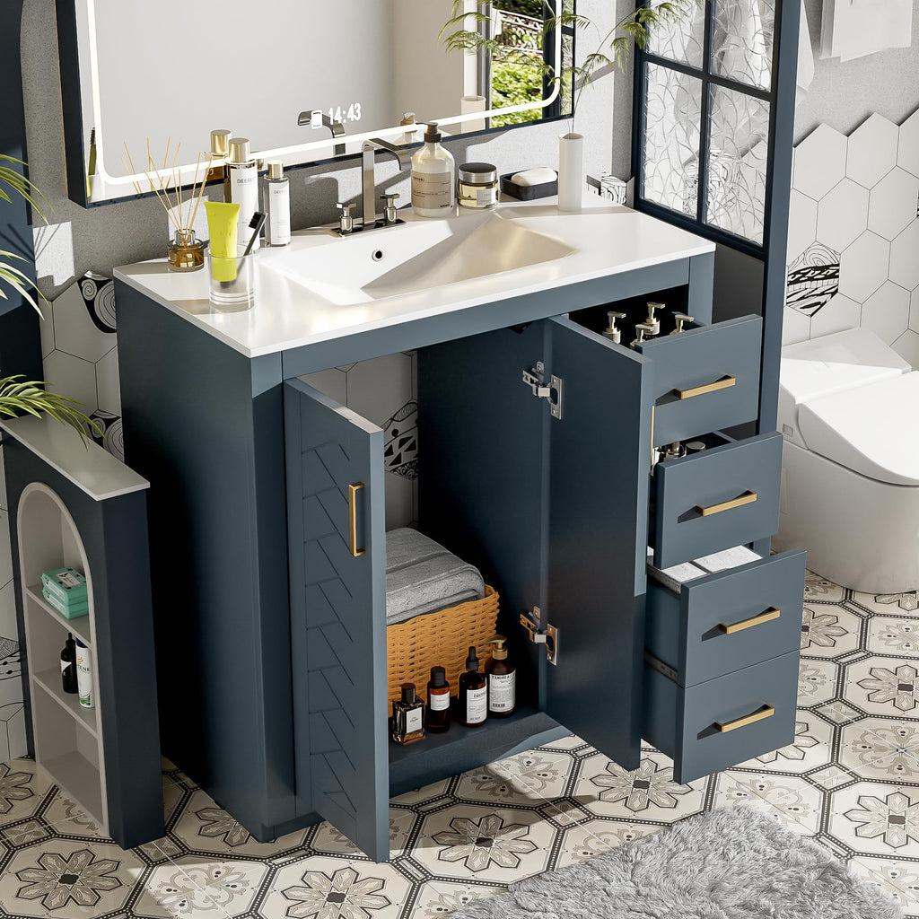 30 Inch Green Bathroom Vanity with Sink & Gold Handles,Light Luxury