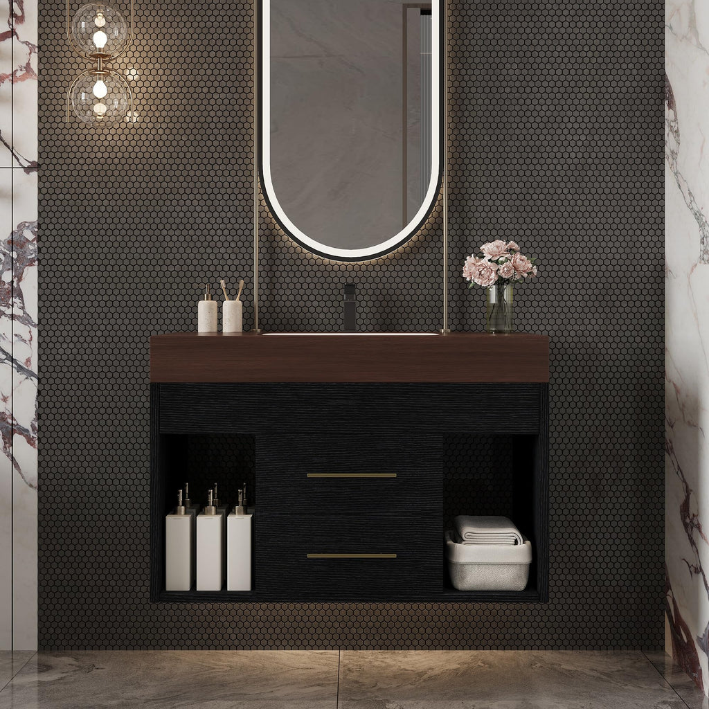 Glintee 40" Floating Bathroom Vanity & Sintered Stone Top, Black