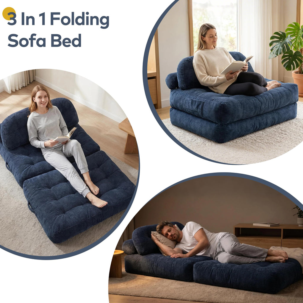 Convertible Corduroy Floor Sofa, 3-in-1 Folding Lazy Sofa Bed with Adjustable Backrest, Soft Bean Bag Chair Lounger for Living Room, Bedroom, Guest Room, Oversized Sleeper Chair