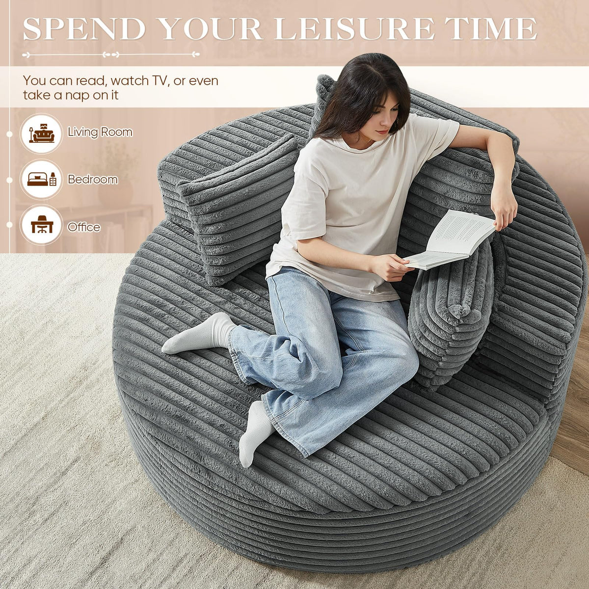 Oversized Round Chaise Longue Chair Indoor, Modern 55-inch Upholstered Corduroy Deep Seat Circle Single Cloud Lounge Floor Sofa Chair for Living Room, Bedroom Apartment, Beige