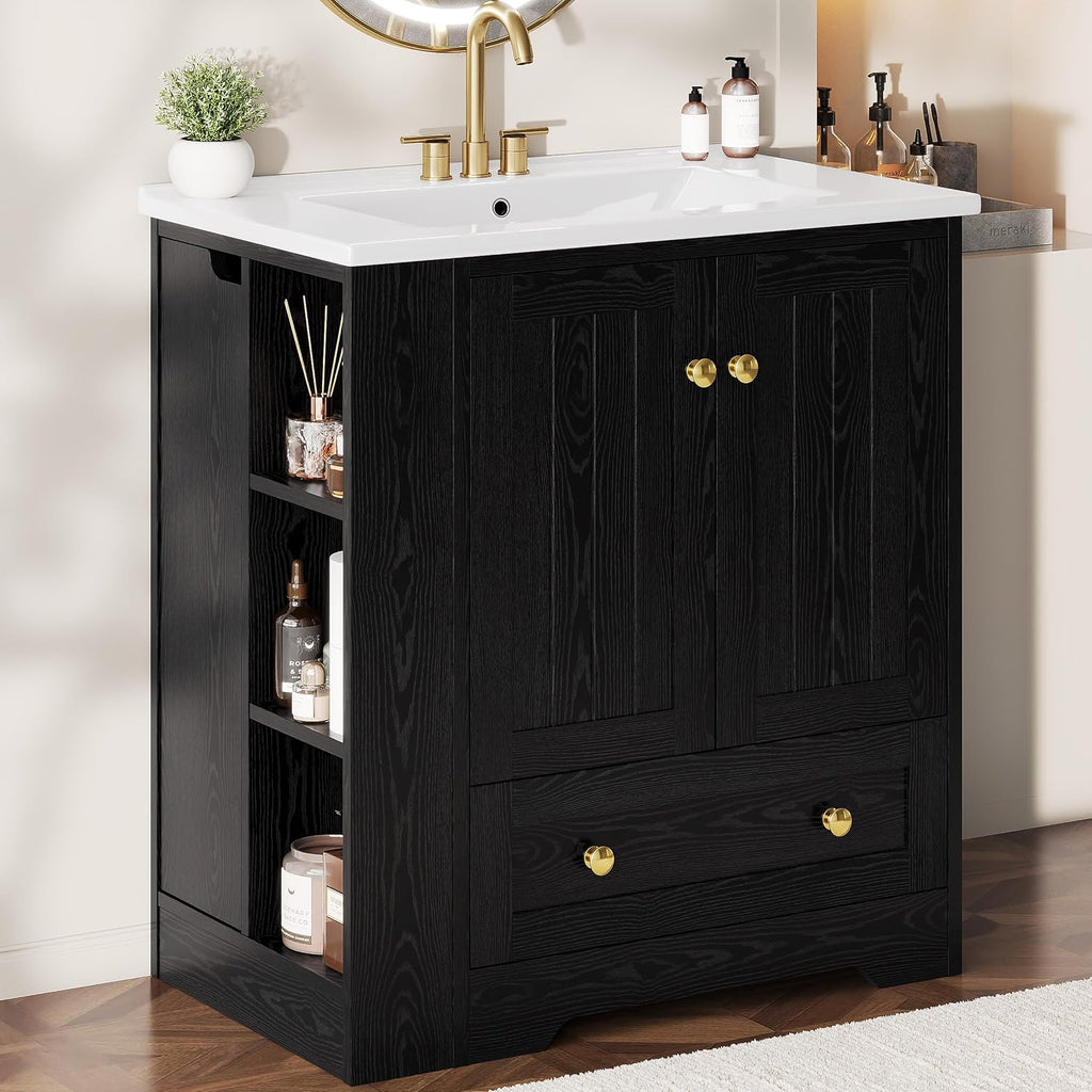 IRONCK Bathroom Vanity with Ceramic Sink, 30" Bathroom Cabinet, Black