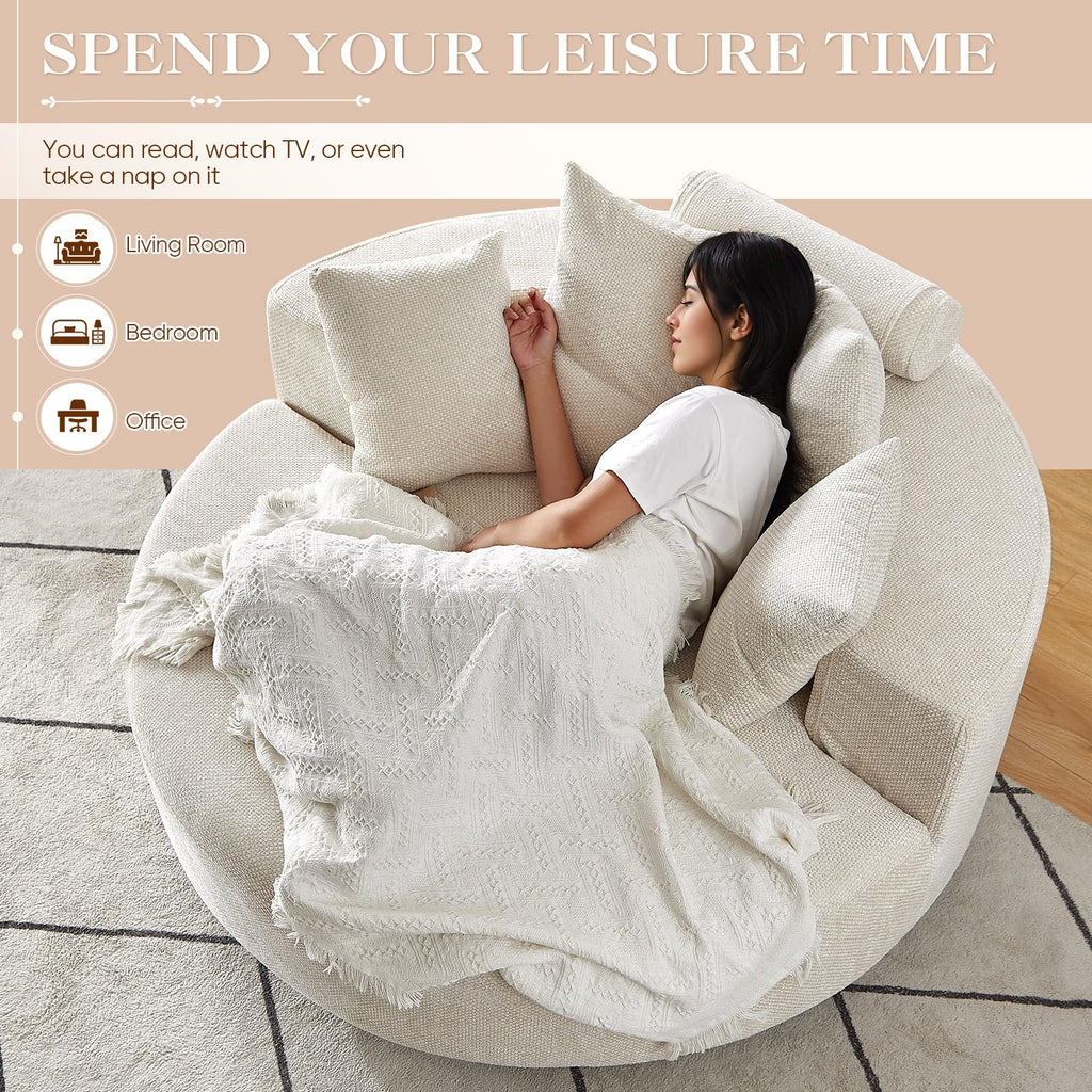 Oversized Round Chaise Longue Chair Indoor, Modern 55-inch Upholstered Corduroy Deep Seat Circle Single Cloud Lounge Floor Sofa Chair for Living Room, Bedroom Apartment, Beige