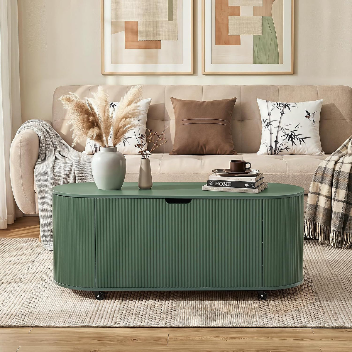 RARZOE 43.3" Fluted Storage Chest, Oval Storage Bench with 4 Wheels,(Green)