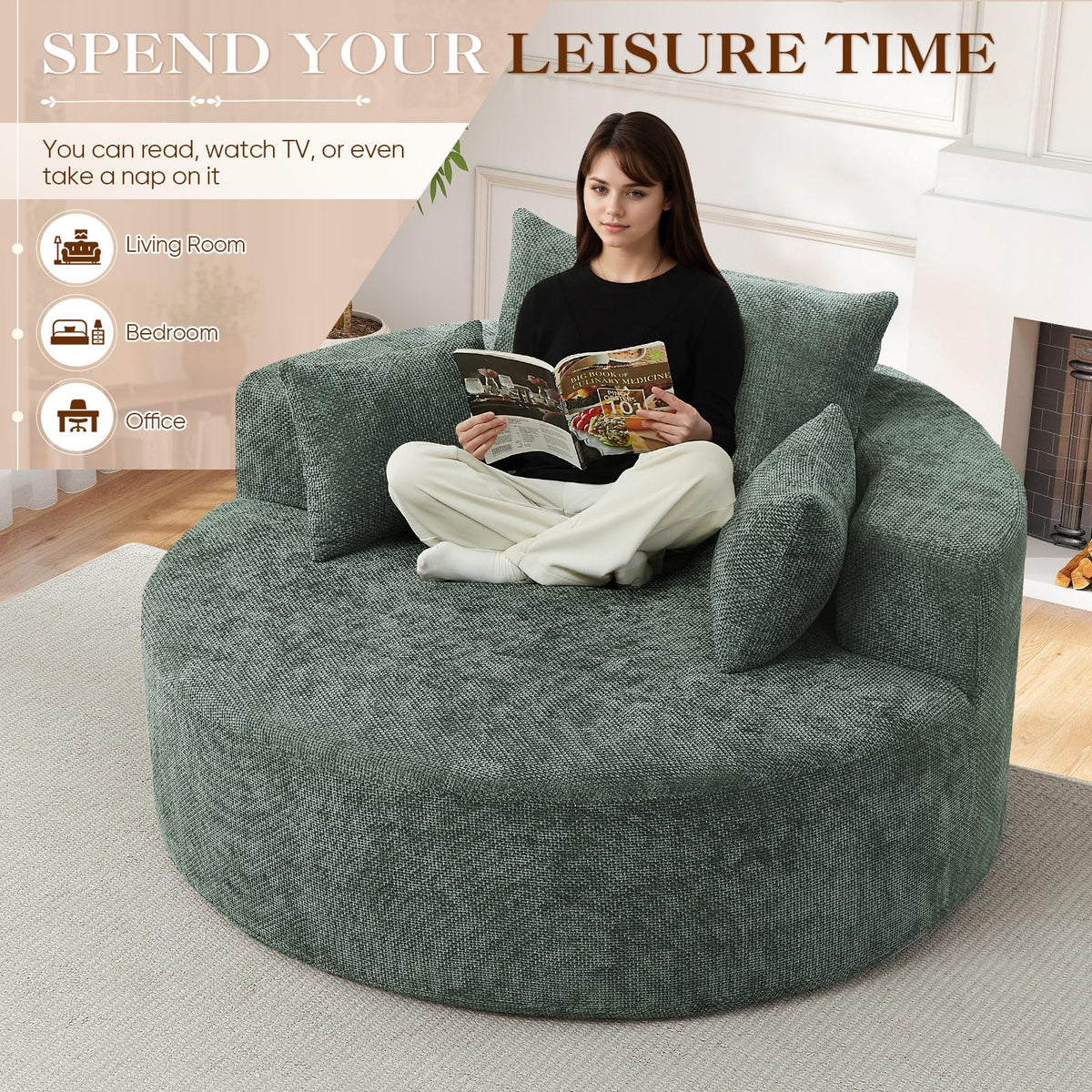 Oversized Round Chaise Longue Chair Indoor, Modern 55-inch Upholstered Corduroy Deep Seat Circle Single Cloud Lounge Floor Sofa Chair for Living Room, Bedroom Apartment, Beige