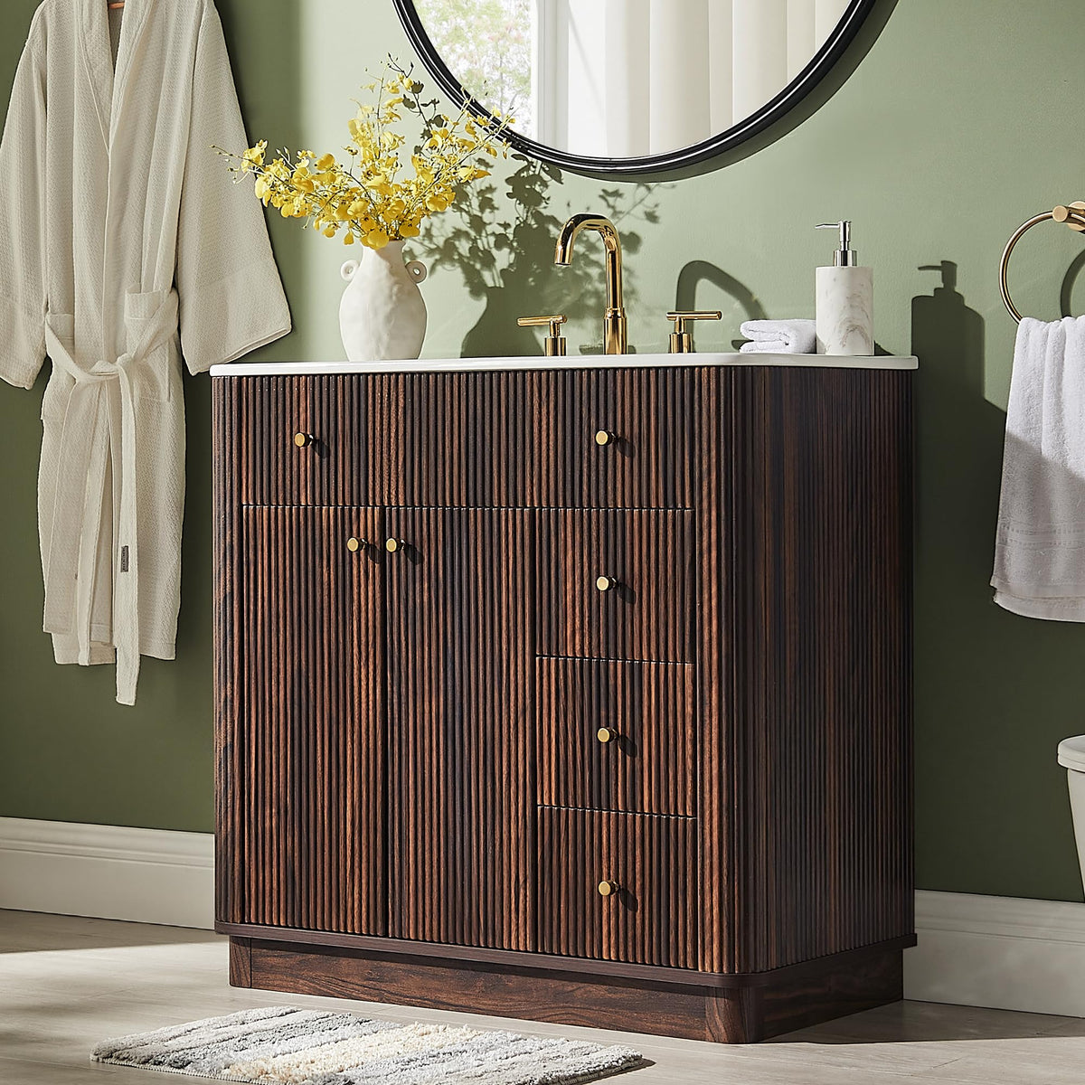 T4TREAM 36" Fluted Bathroom Vanity with Single Sink, Natural Oak