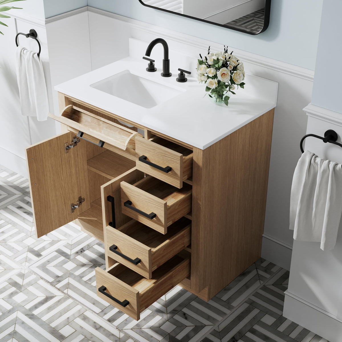 WELLFOR 36-Inch Bathroom Vanity with Sink W/ 2 Doors & 4 Drawers & 1 Flip Drawer,Navy Blue Vanity W/Matte Black Handles