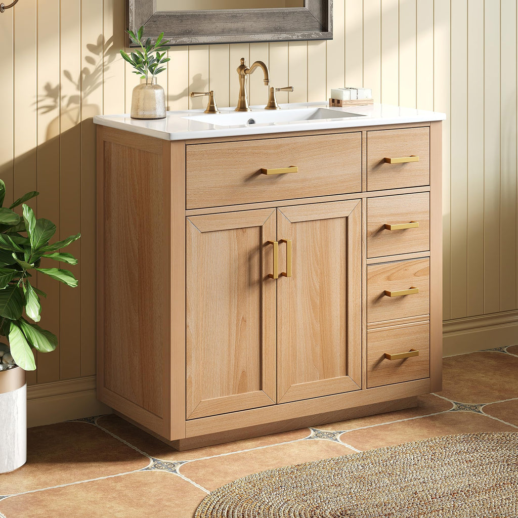 36 Inch Bathroom Vanities with Undermount Ceramic Sink, Storage Cabinet with Soft Closing Doors and Three Drawers, Solid Wood Frame, Natural Wood