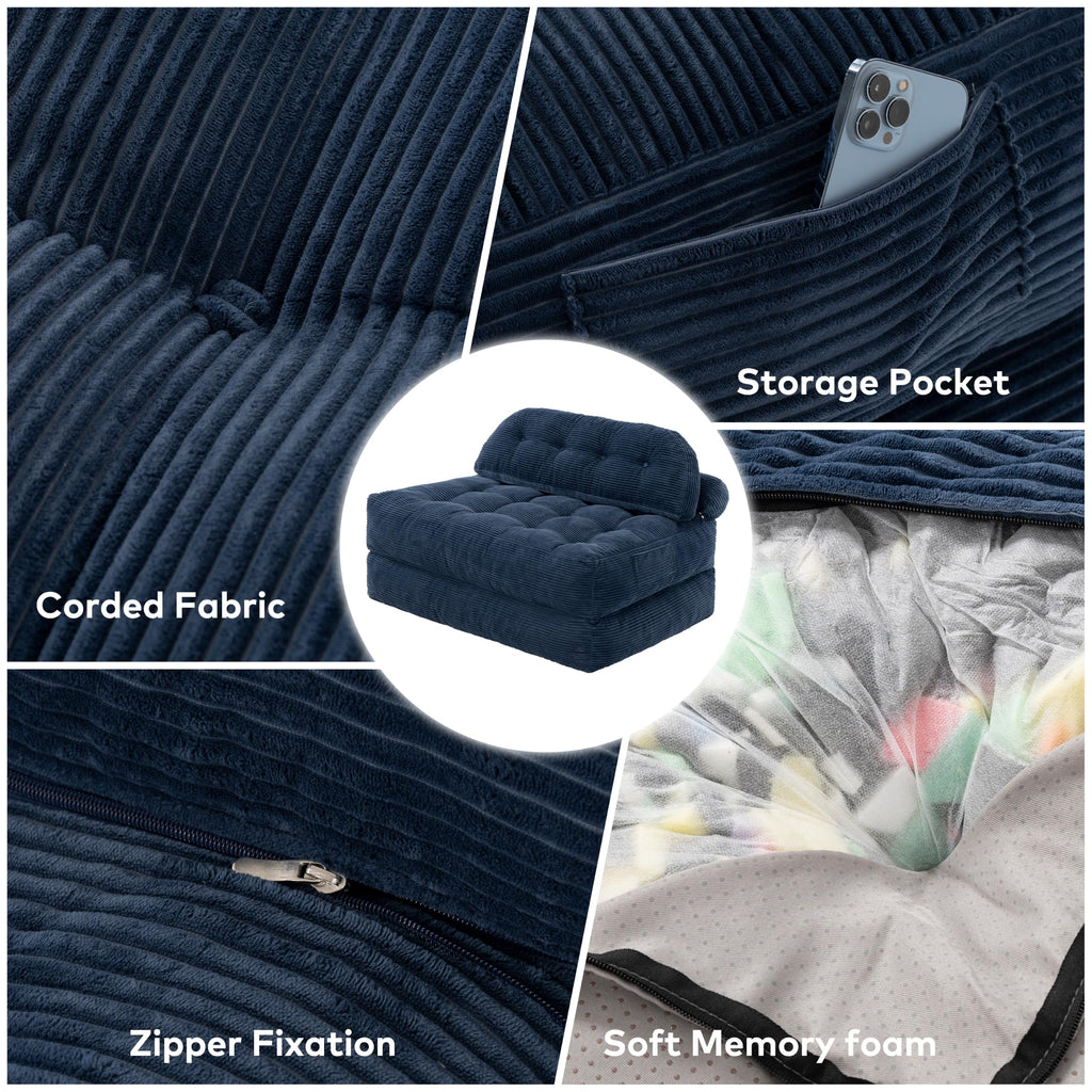 Convertible Corduroy Floor Sofa, 3-in-1 Folding Lazy Sofa Bed with Adjustable Backrest, Soft Bean Bag Chair Lounger for Living Room, Bedroom, Guest Room, Oversized Sleeper Chair