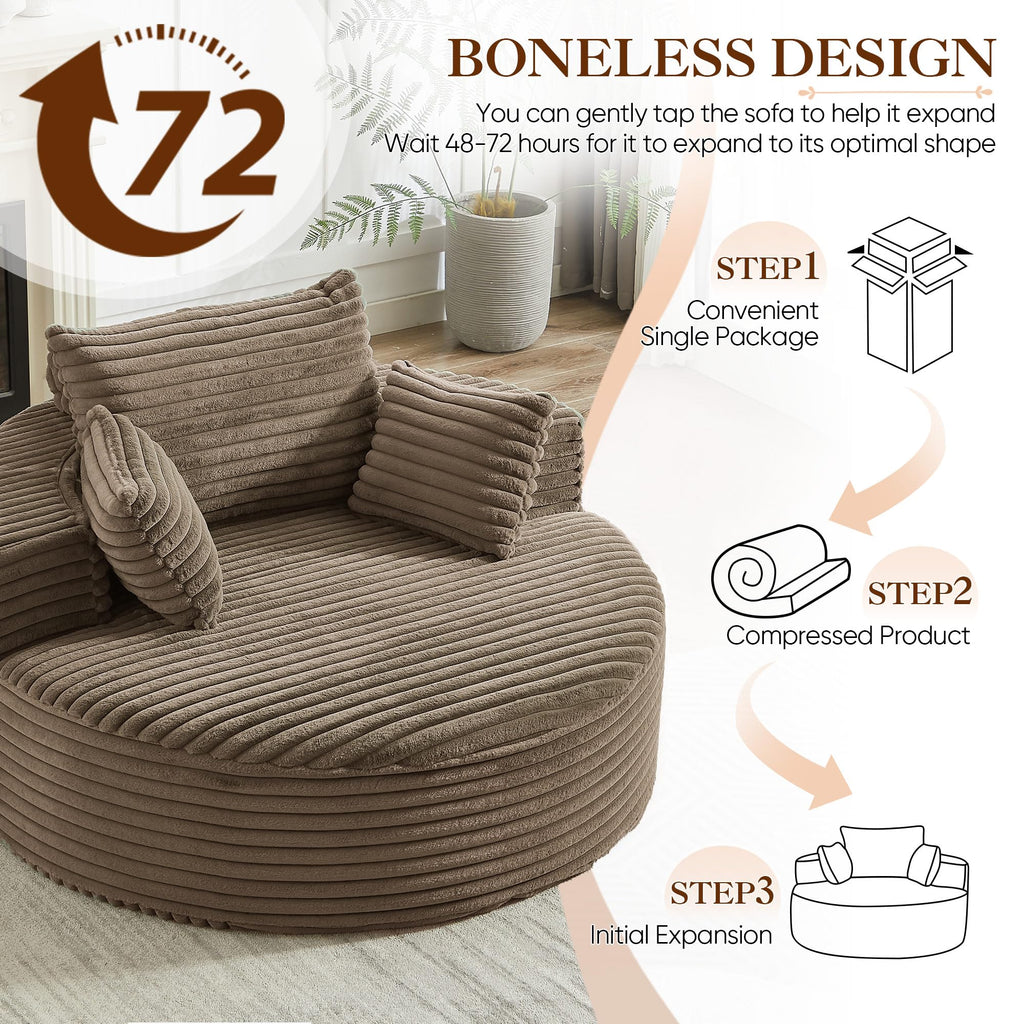 Oversized Round Chaise Longue Chair Indoor, Modern 55-inch Upholstered Corduroy Deep Seat Circle Single Cloud Lounge Floor Sofa Chair for Living Room, Bedroom Apartment, Beige