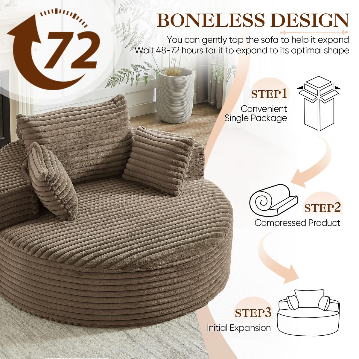 Oversized Round Chaise Longue Chair Indoor, Modern 55-inch Upholstered Corduroy Deep Seat Circle Single Cloud Lounge Floor Sofa Chair for Living Room, Bedroom Apartment, Beige