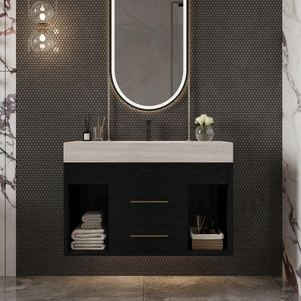 Glintee 40" Floating Bathroom Vanity & Sintered Stone Top, Black