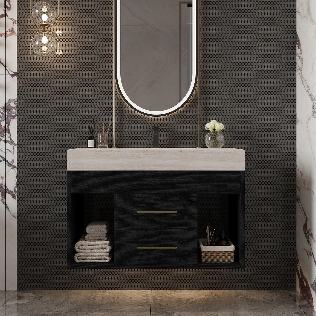 Glintee 40" Floating Bathroom Vanity & Sintered Stone Top, Black