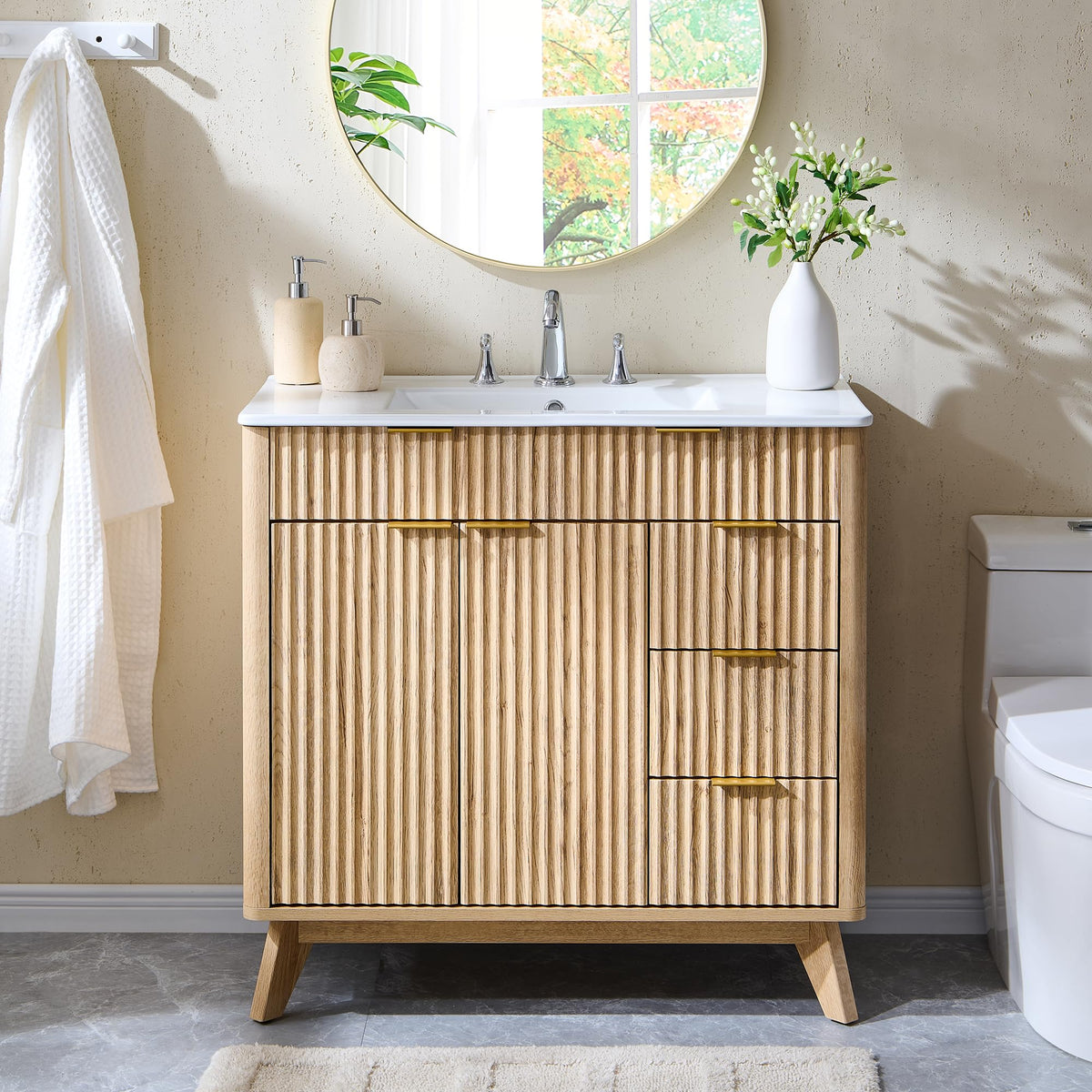 T4TREAM 60" Fluted Bathroom Vanity with Resin Sink Combo, Natural Oak