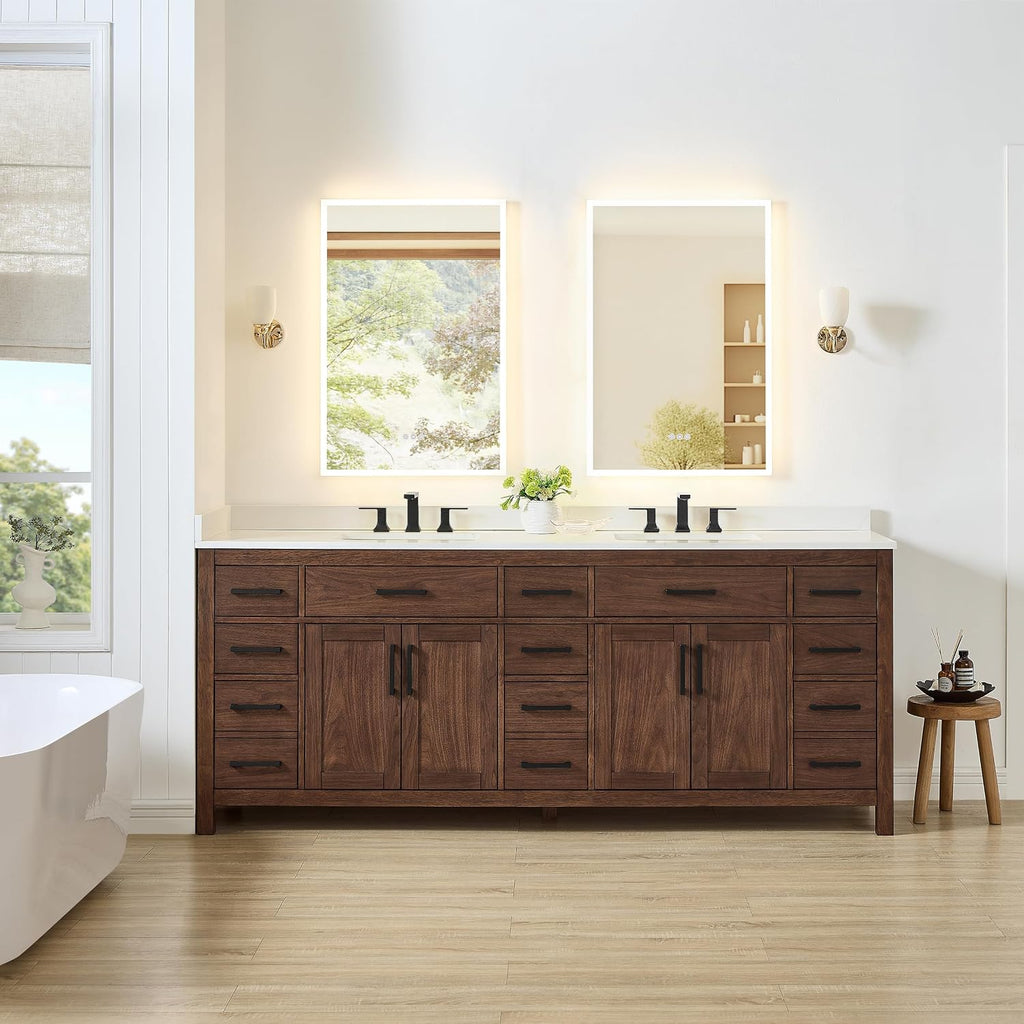 Wyndham Collection Beckett 84 Inch Double Bathroom Vanity in Dark Walnut, Giotto Quartz Countertop, Undermount Square Sinks (3-Hole), Matte Black Trim