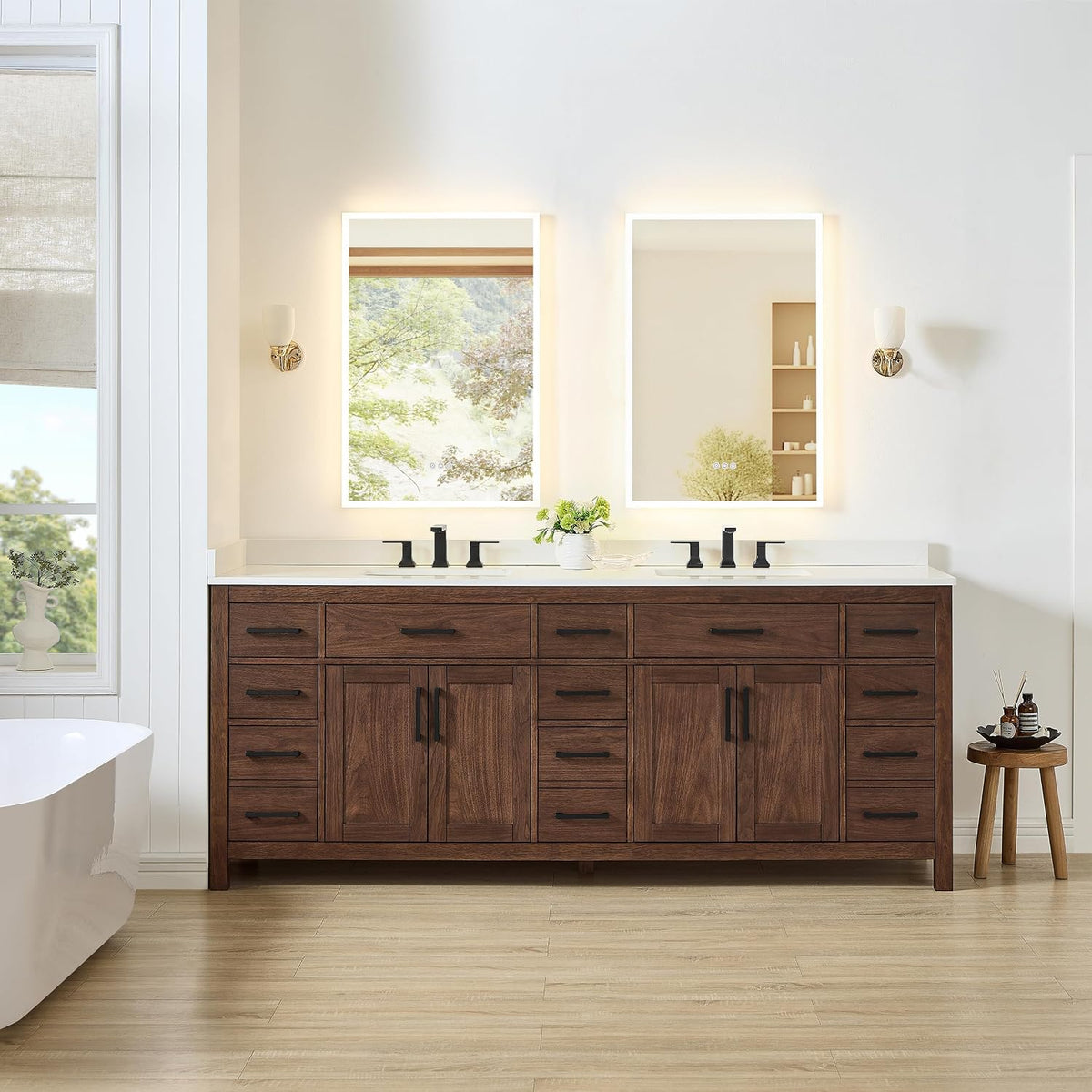 Wyndham Collection Beckett 84 Inch Double Bathroom Vanity in Dark Walnut, Giotto Quartz Countertop, Undermount Square Sinks (3-Hole), Matte Black Trim