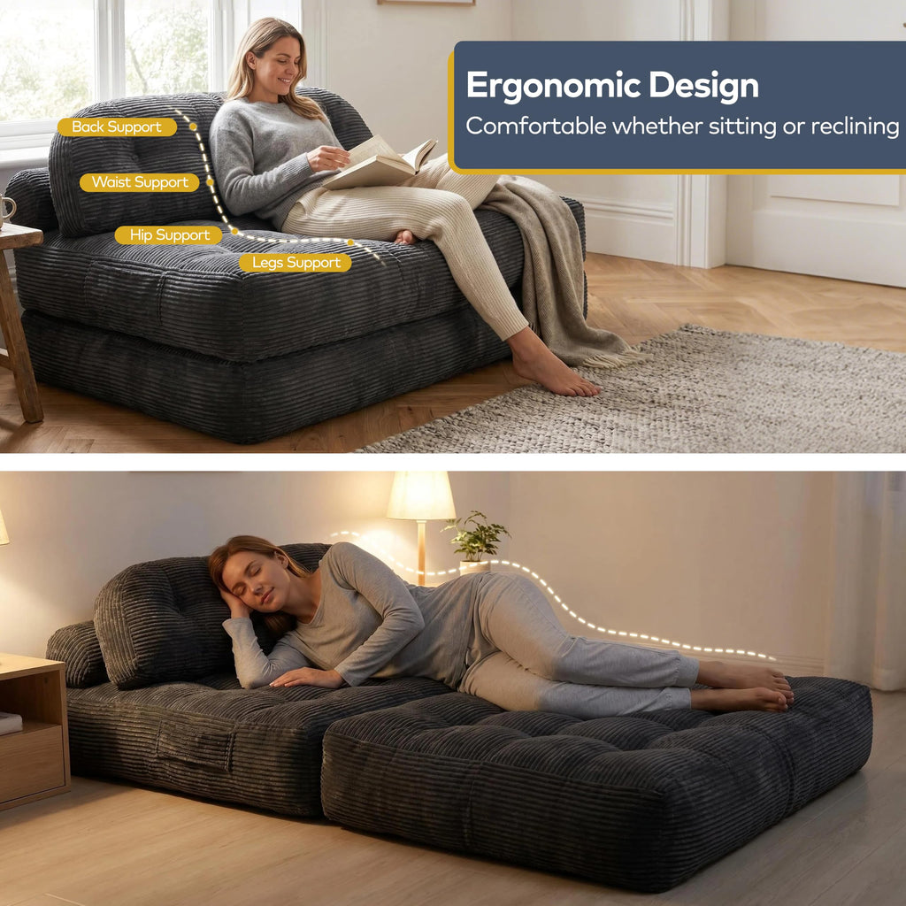 Convertible Corduroy Floor Sofa, 3-in-1 Folding Lazy Sofa Bed with Adjustable Backrest, Soft Bean Bag Chair Lounger for Living Room, Bedroom, Guest Room, Oversized Sleeper Chair