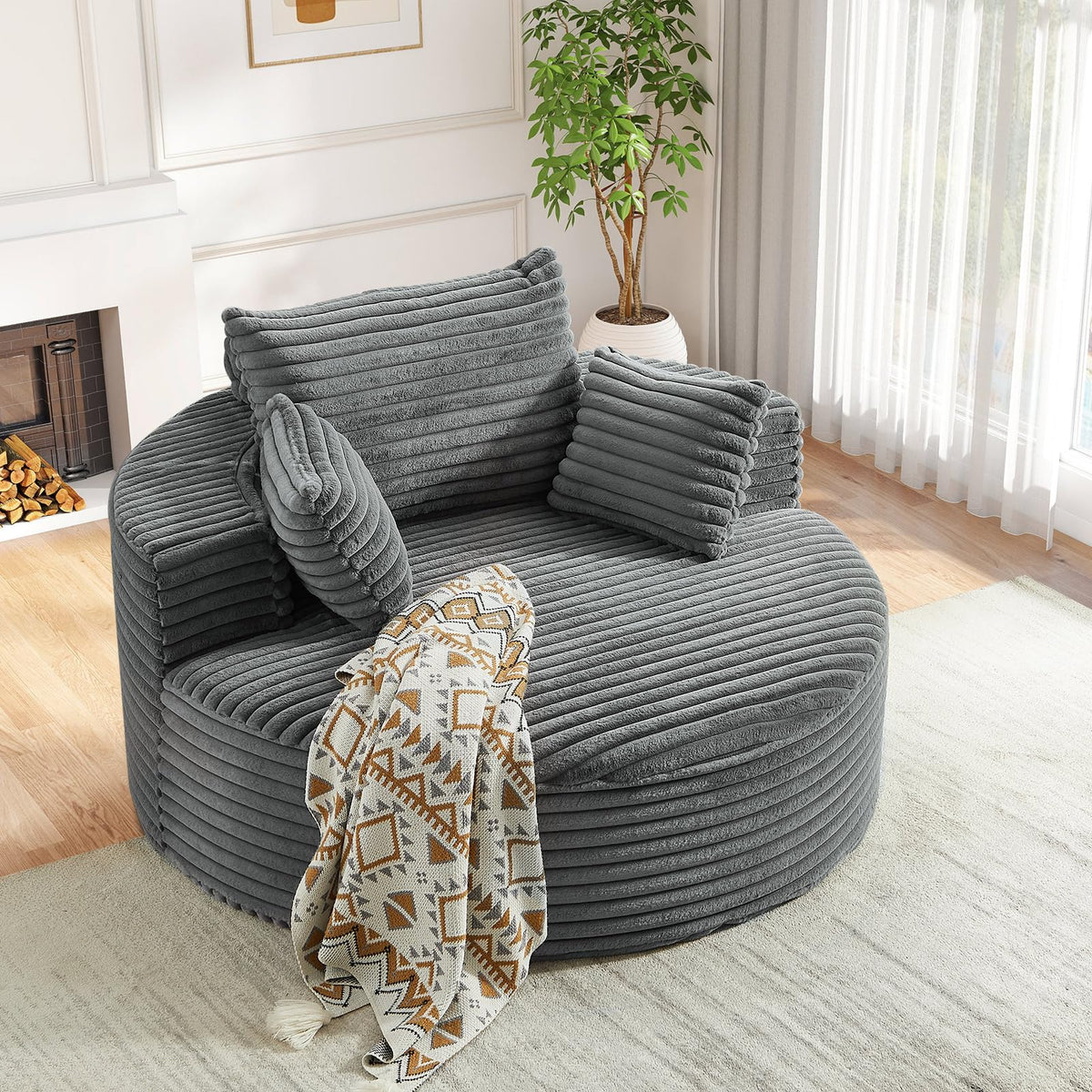 Oversized Round Chaise Longue Chair Indoor, Modern 55-inch Upholstered Corduroy Deep Seat Circle Single Cloud Lounge Floor Sofa Chair for Living Room, Bedroom Apartment, Beige