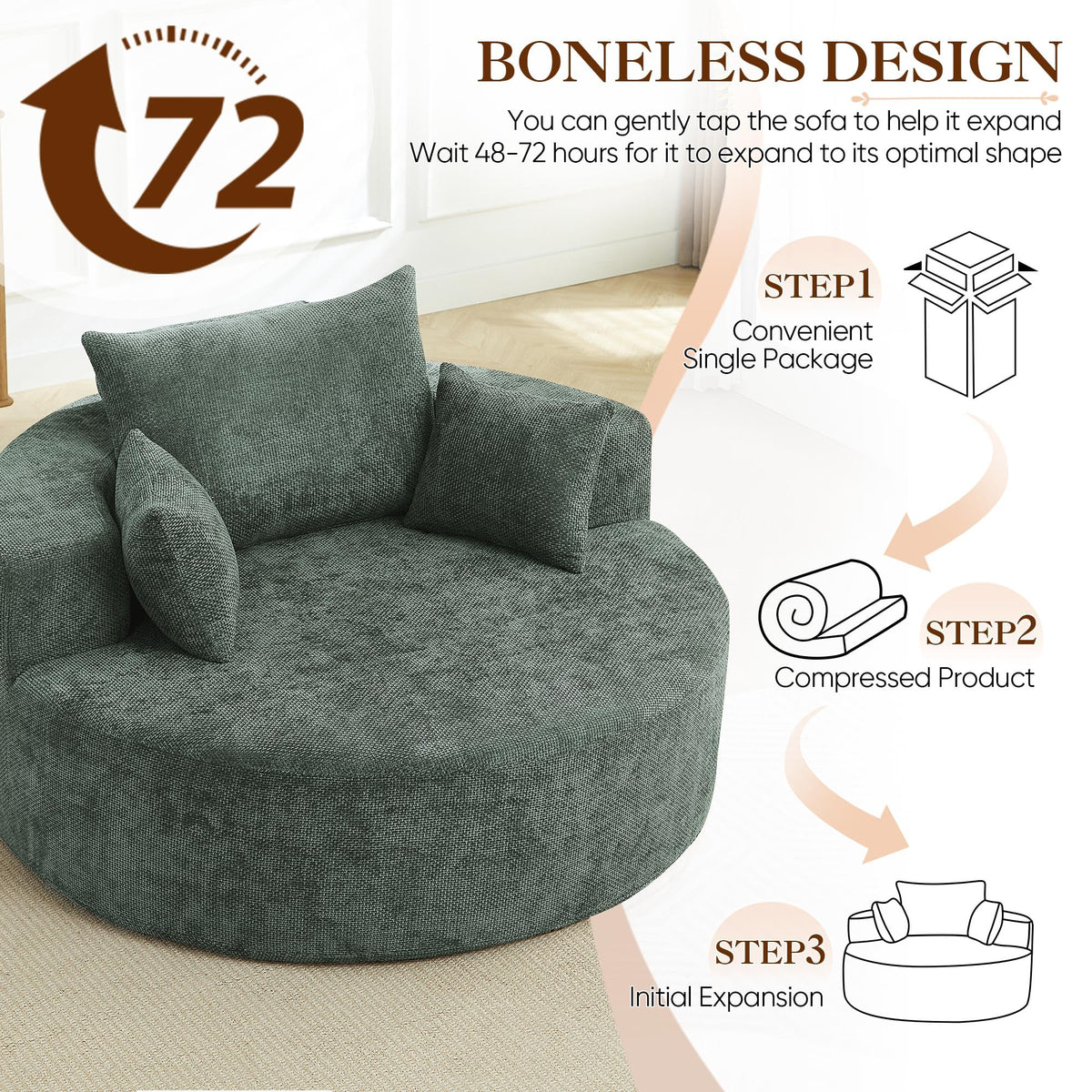Oversized Round Chaise Longue Chair Indoor, Modern 55-inch Upholstered Corduroy Deep Seat Circle Single Cloud Lounge Floor Sofa Chair for Living Room, Bedroom Apartment, Beige