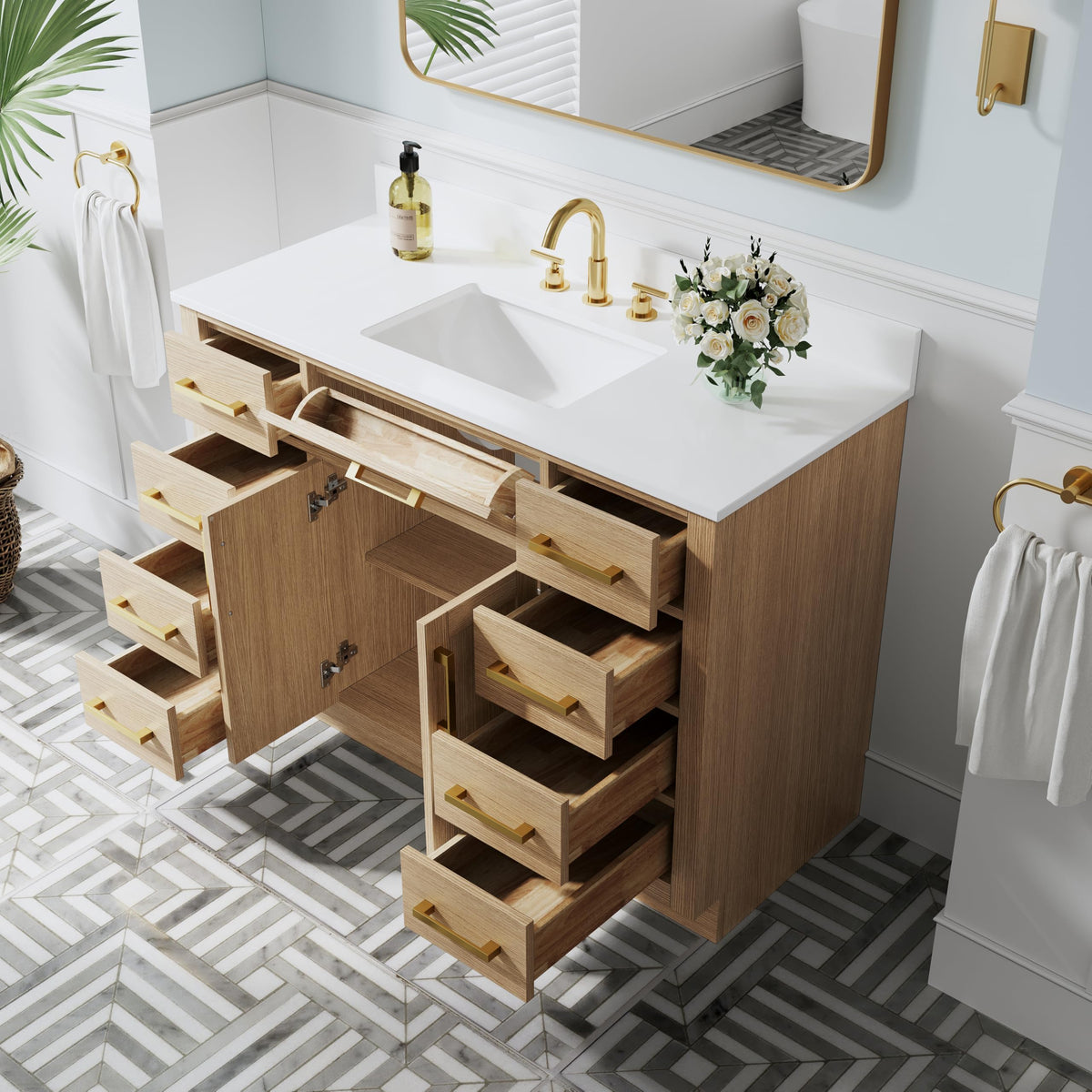 WELLFOR 36-Inch Bathroom Vanity with Sink W/ 2 Doors & 4 Drawers & 1 Flip Drawer,Navy Blue Vanity W/Matte Black Handles