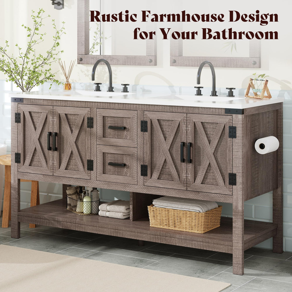 AMERLIFE 48" White Farmhouse Sink Bathroom Vanity, Solid White Top