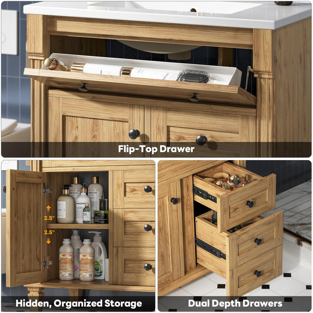 LIKIMIO 36 Inch Bathroom Vanity with Sink, Adjustable Solid Wood Legs