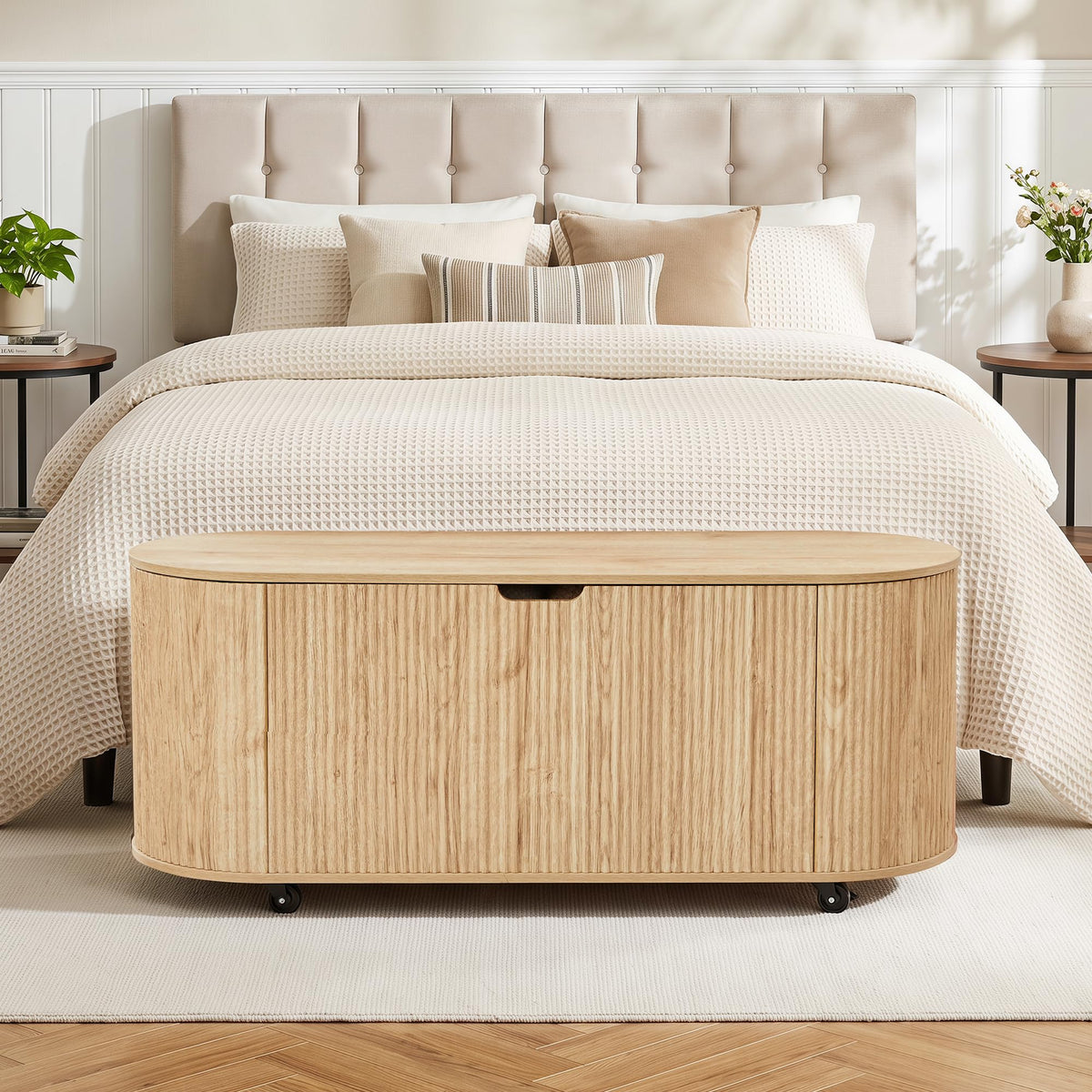 RARZOE 43.3" Fluted Storage Chest, Oval Storage Bench with 4 Wheels,(Green)