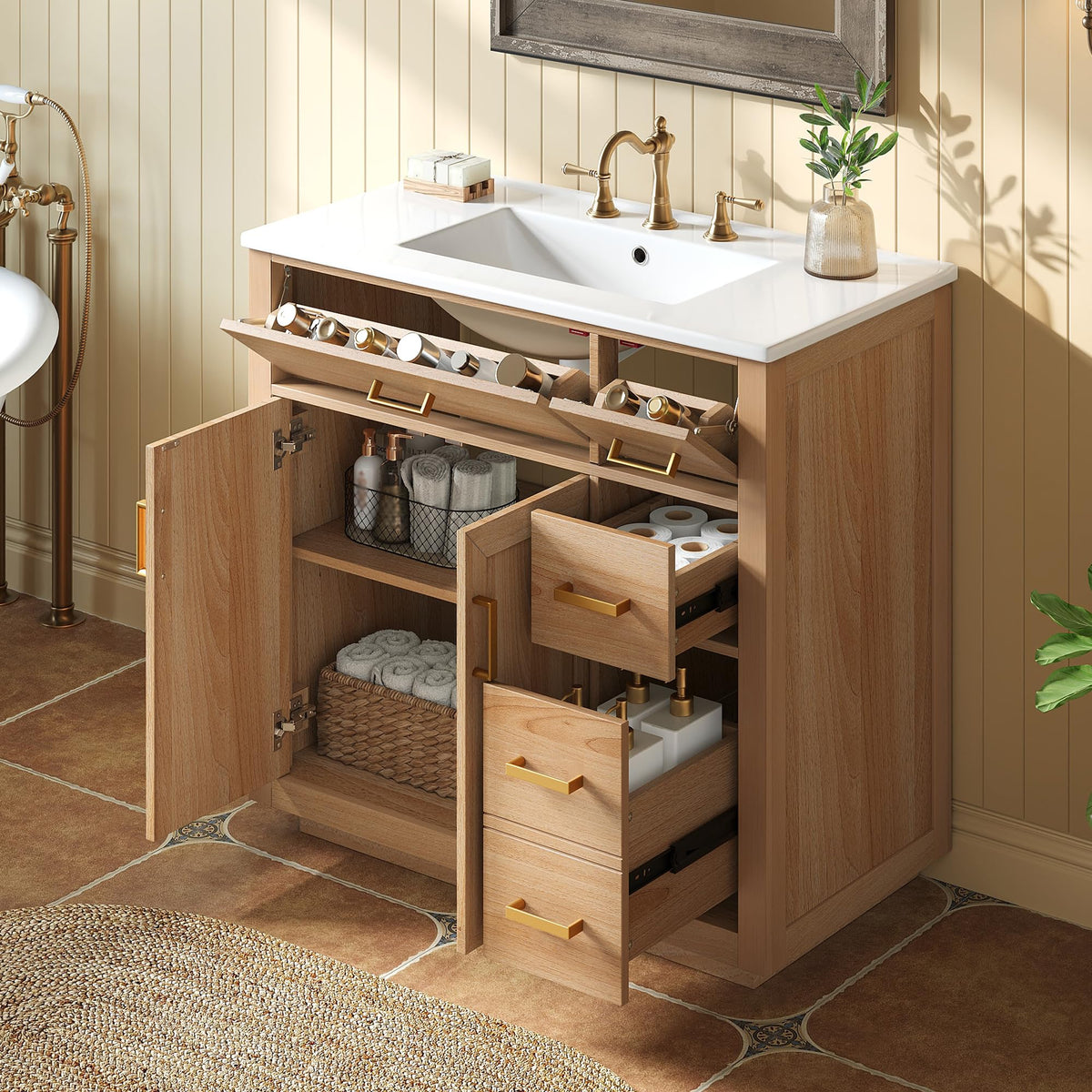 36 Inch Bathroom Vanities with Undermount Ceramic Sink, Storage Cabinet with Soft Closing Doors and Three Drawers, Solid Wood Frame, Natural Wood