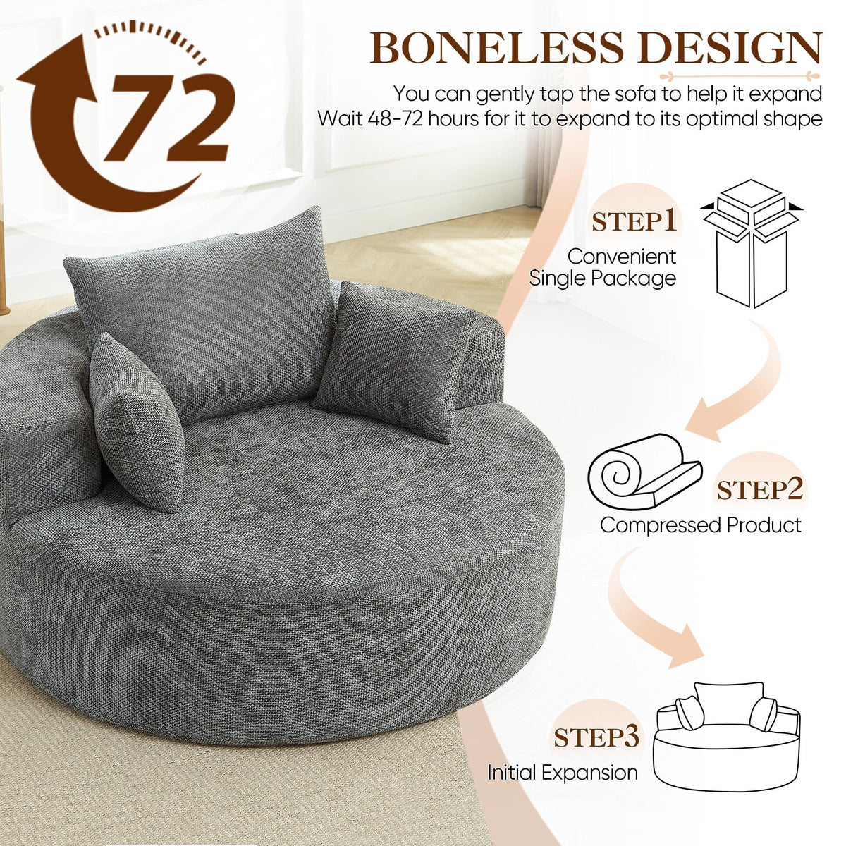 Oversized Round Chaise Longue Chair Indoor, Modern 55-inch Upholstered Corduroy Deep Seat Circle Single Cloud Lounge Floor Sofa Chair for Living Room, Bedroom Apartment, Beige