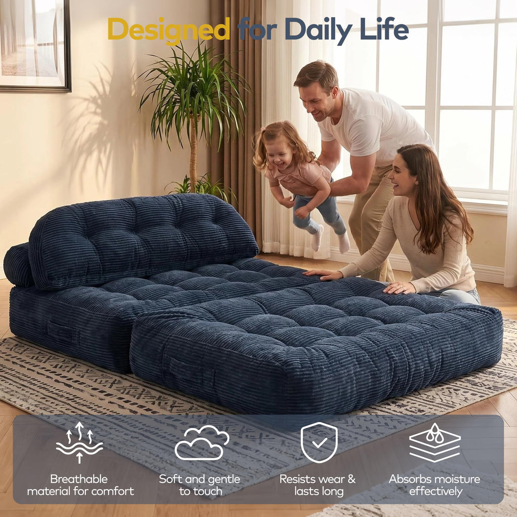 Convertible Corduroy Floor Sofa, 3-in-1 Folding Lazy Sofa Bed with Adjustable Backrest, Soft Bean Bag Chair Lounger for Living Room, Bedroom, Guest Room, Oversized Sleeper Chair