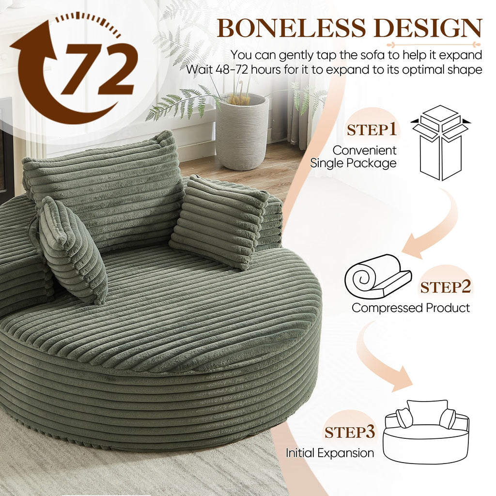 Oversized Round Chaise Longue Chair Indoor, Modern 55-inch Upholstered Corduroy Deep Seat Circle Single Cloud Lounge Floor Sofa Chair for Living Room, Bedroom Apartment, Beige